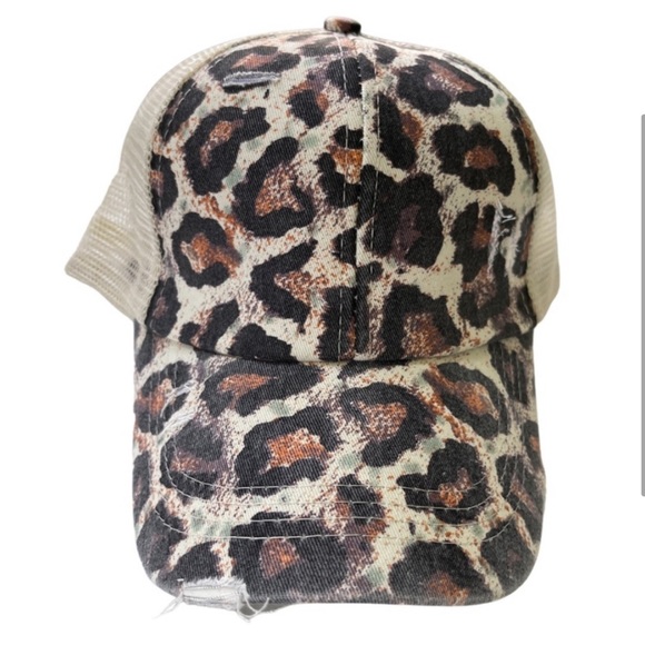 Leopard Distressed Ponytail Baseball Hat - Picture 2 of 5